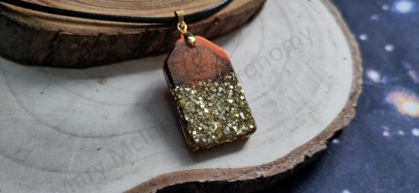 Epoxy Resin Pendant - Tag-Shaped Brown & Orange with Gold Glitter