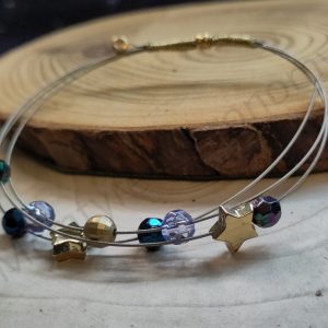 Unisex Recycled Guitar String Triple Layer Bangle with Blue and Gold Faceted Beads and Gold Stars