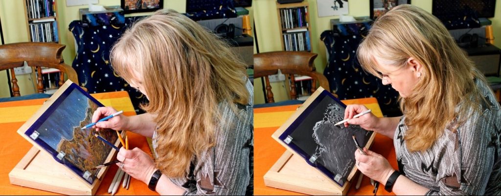 Two photos of Mary creating astronomy drawings using pastel pencils. The left side is a drawing of the Eta Carina Nebula, the right is Sinus Iridum on the Moon